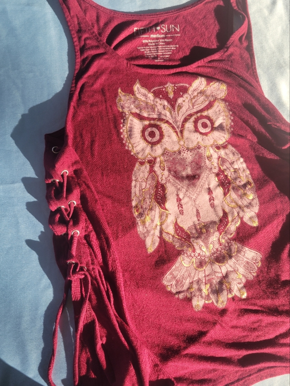Fifth Sun Medium Burgundy Owl Lace-Up Side Tank Top Summer Boho Indie Red